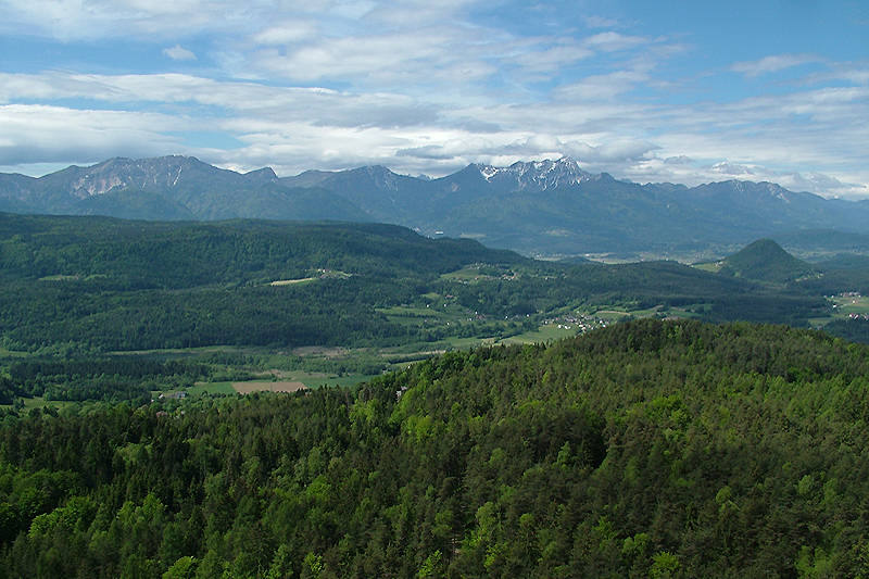 Turiawald und Kathreinkogel, dahinter die Karawanken